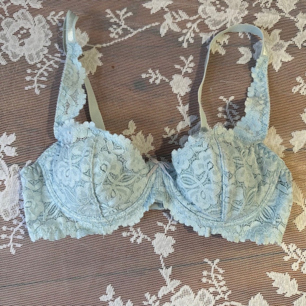 Vintage Rene Rofe Lingerie Light Blue‎ Lace Balconette Bra Style B2141 Size 32B